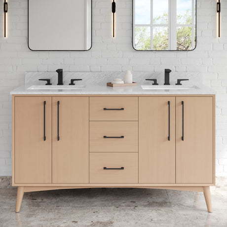 Jeffrey Alexander Dashwood 60" Natural Oak Double Sink Bathroom Vanity with White Carrara Marble Top - 8 in. Widespread Faucet Top