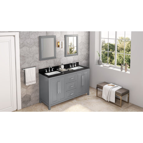 Jeffrey Alexander Cade 60" Grey Double Sink Bathroom Vanity with Black Granite Top - 8 in. Widespread Faucet Top