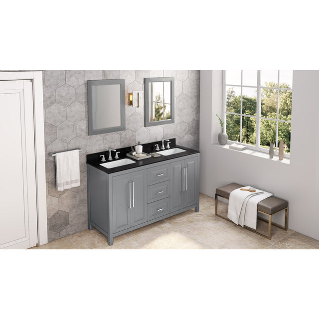 Jeffrey Alexander Cade 60" Grey Double Sink Bathroom Vanity with Black Granite Top - 8 in. Widespread Faucet Top