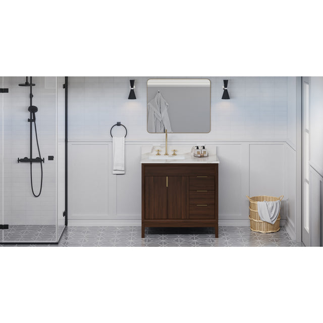Jeffrey Alexander Theodora 36" Dark Walnut Single Sink Bathroom Vanity with Calacatta Vienna Quartz Top - 8 in. Widespread Faucet Top