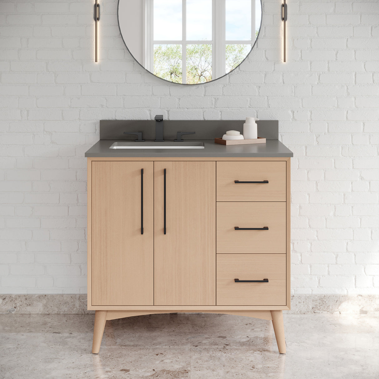 Jeffrey Alexander Dashwood Natural Oak Single Sink Bathroom Vanity with Grey Quartz Top - 8 in. Widespread Faucet Top - VKITDAS36NOGQR