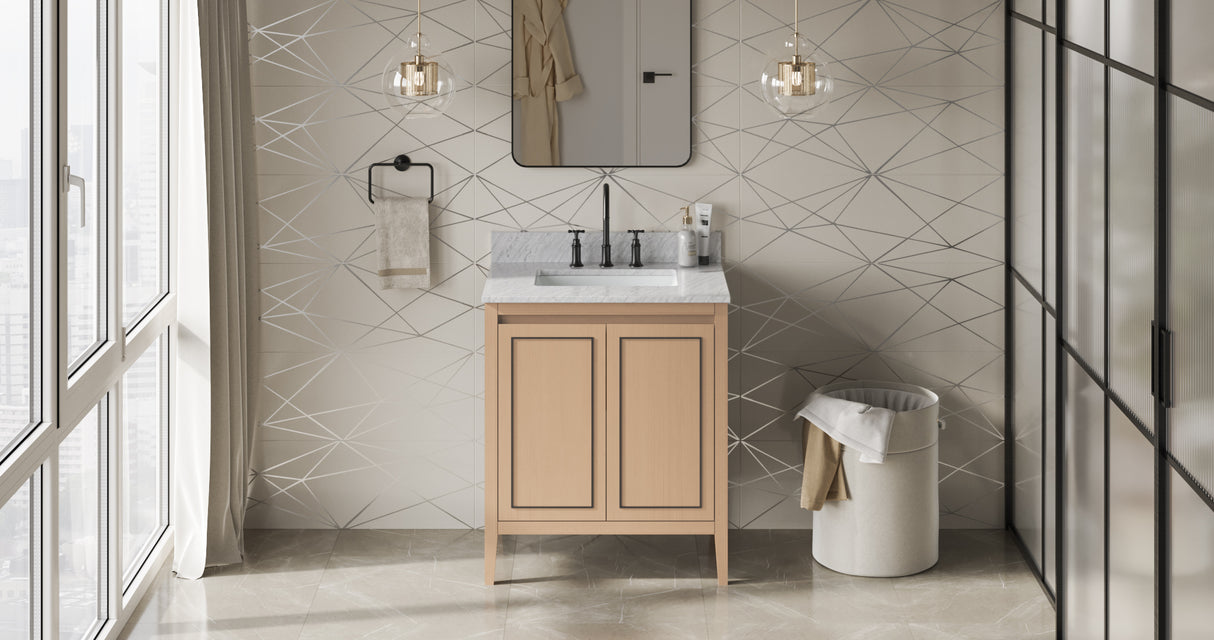 Jeffrey Alexander Percival 30" Natural Oak Single Sink Bathroom Vanity with White Carrara Marble Top - 8 in. Widespread Faucet Top product image 6