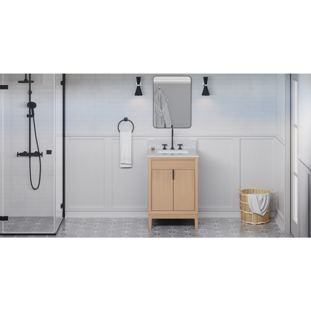 Jeffrey Alexander Theodora 24" Natural Oak Single Sink Bathroom Vanity with White Carrara Marble Top - 8 in. Widespread Faucet Top