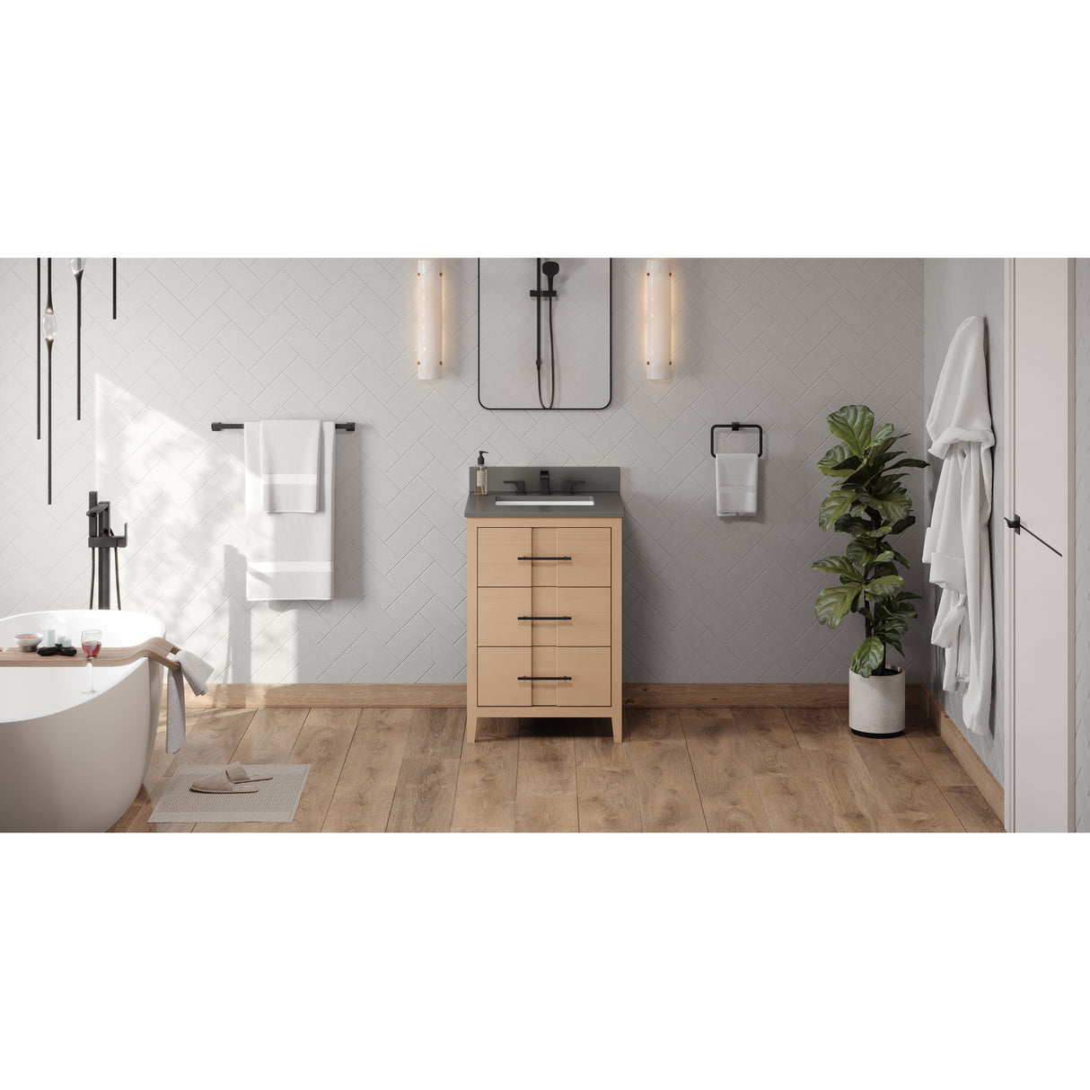 Jeffrey Alexander Katara 24" Natural Oak Single Sink Bathroom Vanity with Grey Quartz Top - 8 in. Widespread Faucet Top