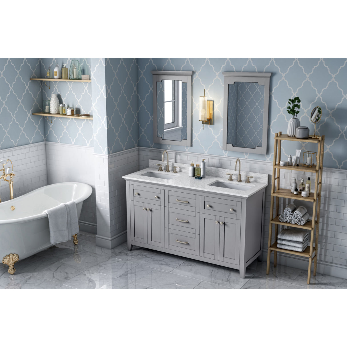 Jeffrey Alexander Chatham 60" Grey Double Sink Bathroom Vanity with White Carrara Marble Top - 8 in. Widespread Faucet Top - VKITCHA60GRWCR