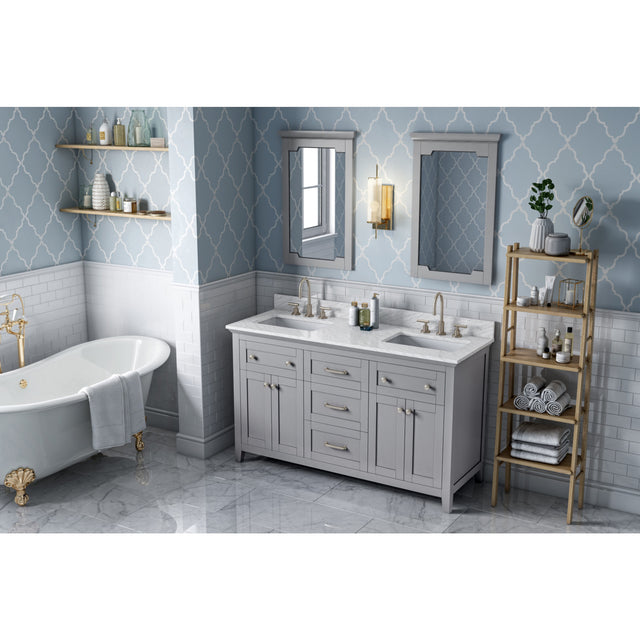 Jeffrey Alexander Chatham 60" Grey Double Sink Bathroom Vanity with White Carrara Marble Top - 8 in. Widespread Faucet Top - VKITCHA60GRWCR