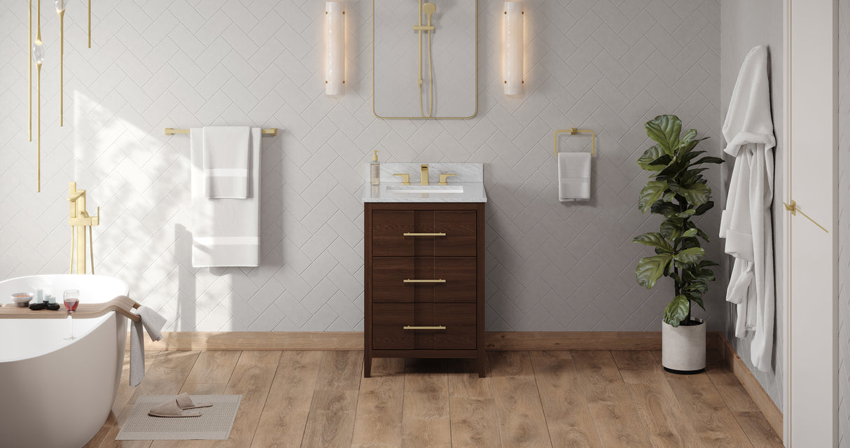 Jeffrey Alexander Katara 24" Dark Walnut Single Sink Bathroom Vanity with White Carrara Marble Top - 8 in. Widespread Faucet Top product image 6