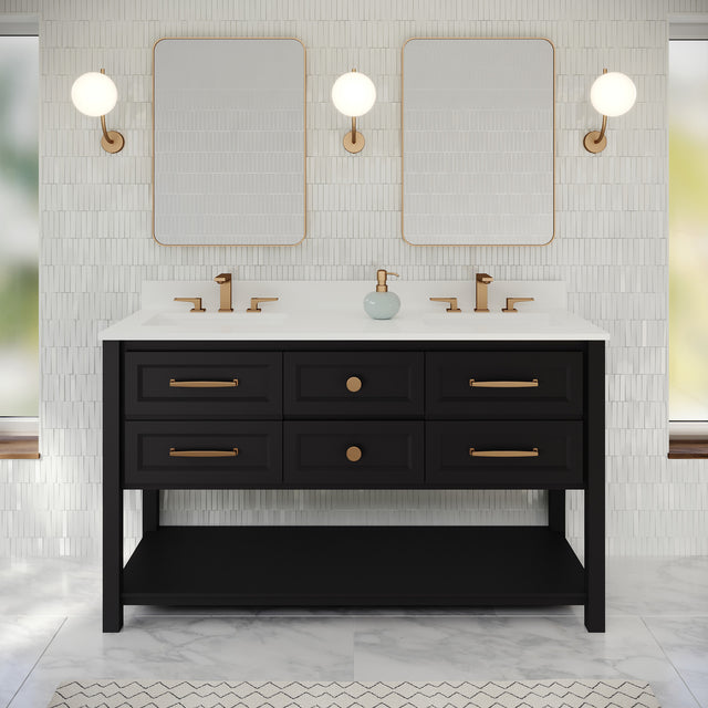 Jeffrey Alexander Kipling 60" Black Double Sink Bathroom Vanity with White Quartz Top - 8 in. Widespread Faucet Top