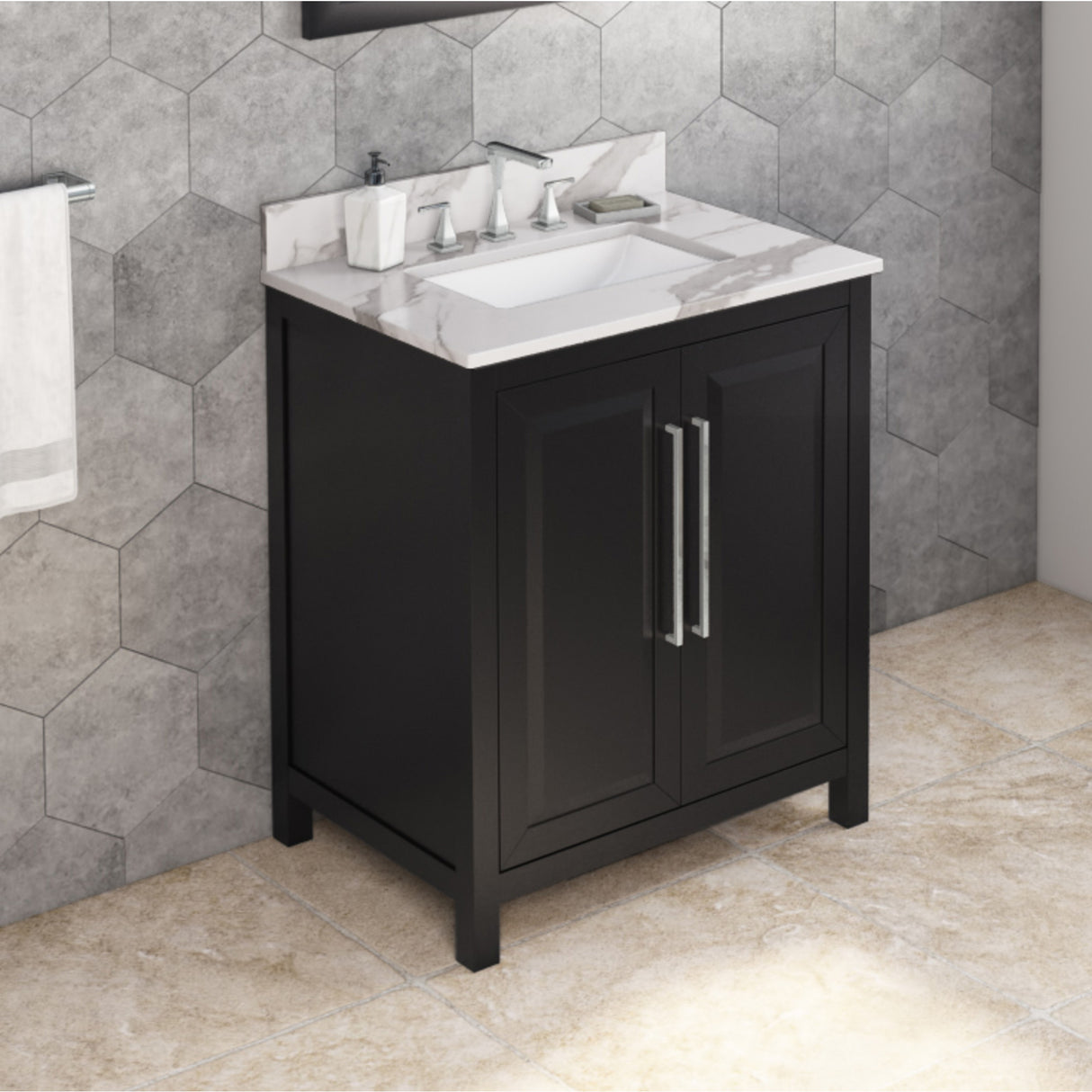 Jeffrey Alexander Cade 30" Black Single Sink Bathroom Vanity with Calacatta Vienna Quartz Top - 8 in. Widespread Faucet Top product image 2