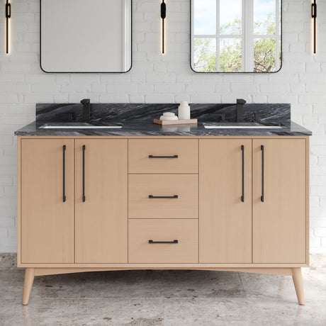 Jeffrey Alexander Dashwood 60" Natural Oak Double Sink Bathroom Vanity with Grey Marble Top - 8 in. Widespread Faucet Top