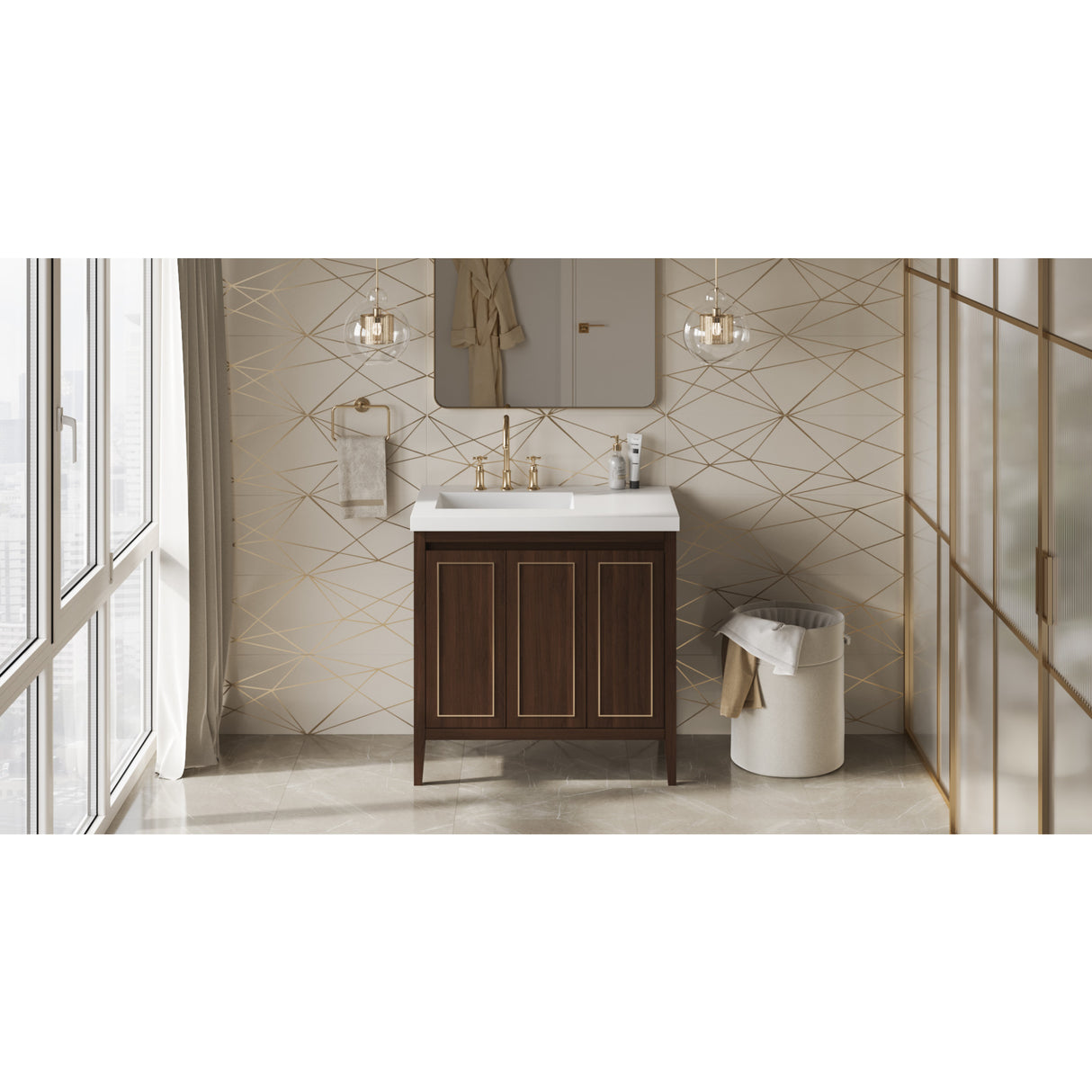 Jeffrey Alexander Percival 36" Dark Walnut Single Sink Bathroom Vanity with White Resin Top - 8 in. Widespread Faucet Top