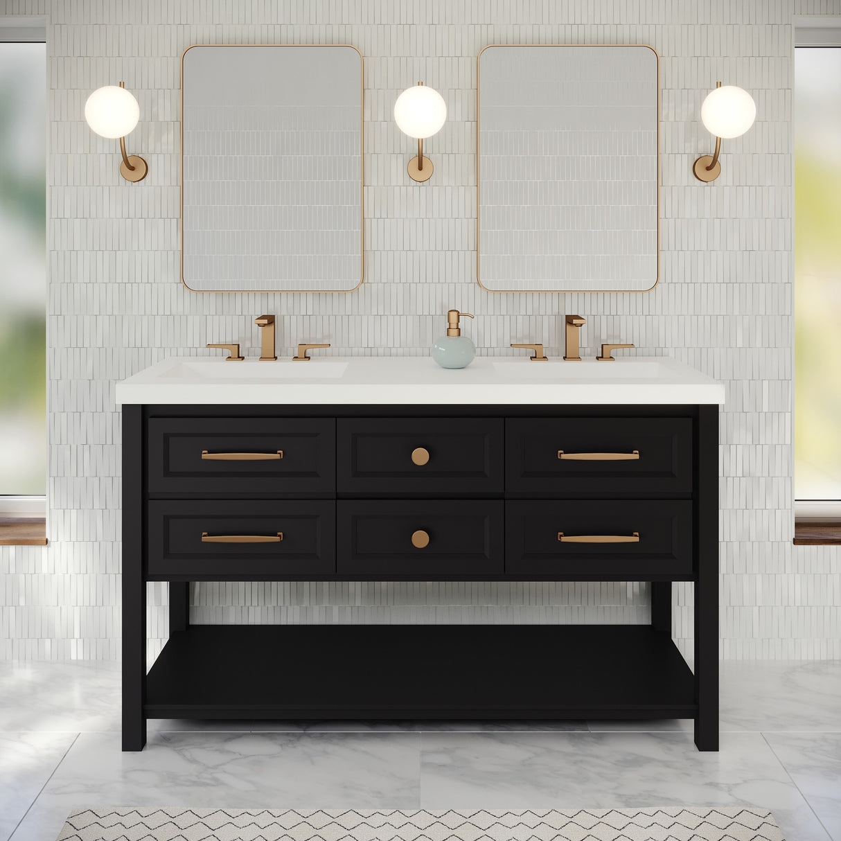 Jeffrey Alexander Kipling 60" Black Double Sink Bathroom Vanity with White Resin Top - 8 in. Widespread Faucet Top