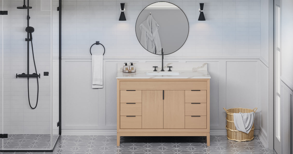 Jeffrey Alexander Theodora 48" Natural Oak Single Sink Bathroom Vanity with Calacatta Vienna Quartz Top - 8 in. Widespread Faucet Top product image 6