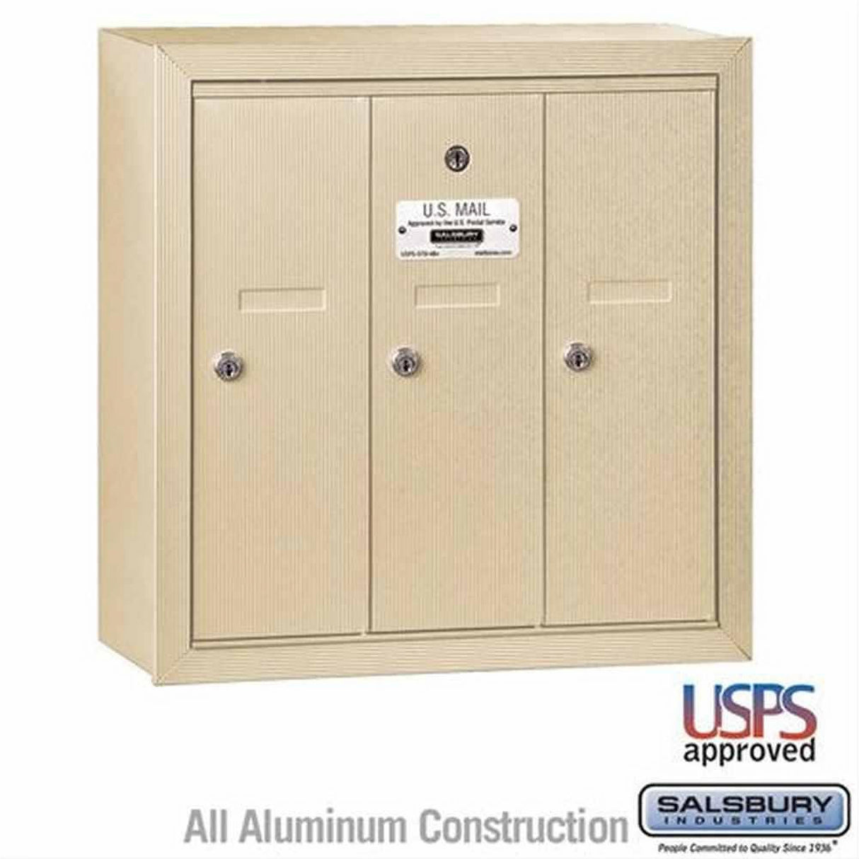 Salsbury Industries 3503SSU 3503-SU Vertical Mailbox 3 Doors Surface Mounted USPS Access Sandstone