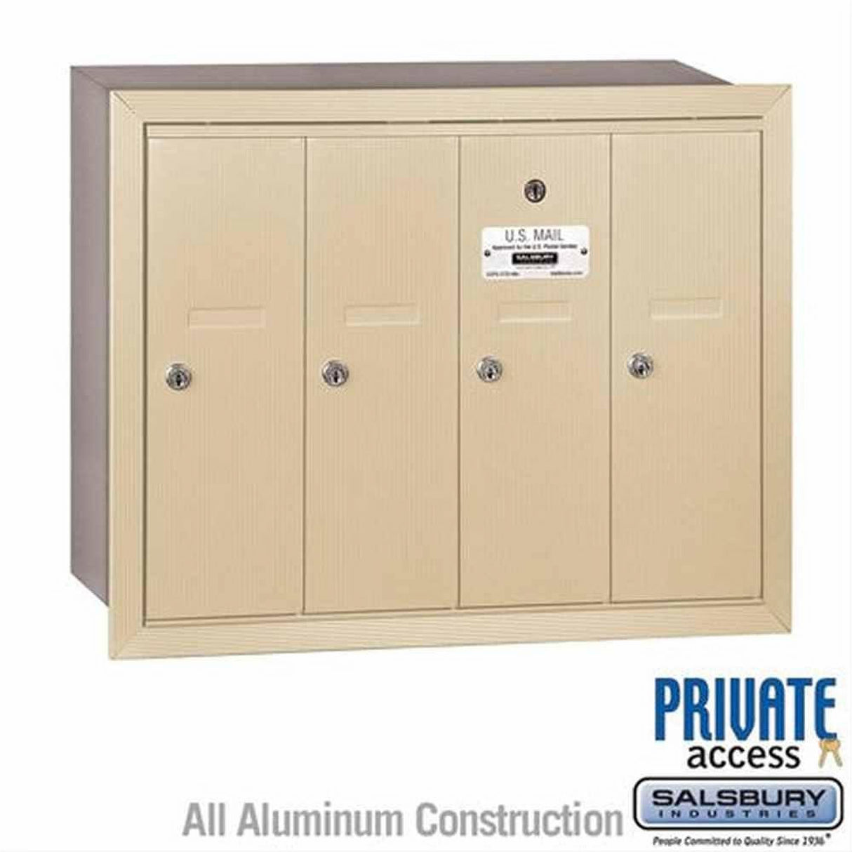 Salsbury Industries 3504SRP 3504-RP Vertical Mailbox 4 Doors Recessed Mounted Private Access Sandstone