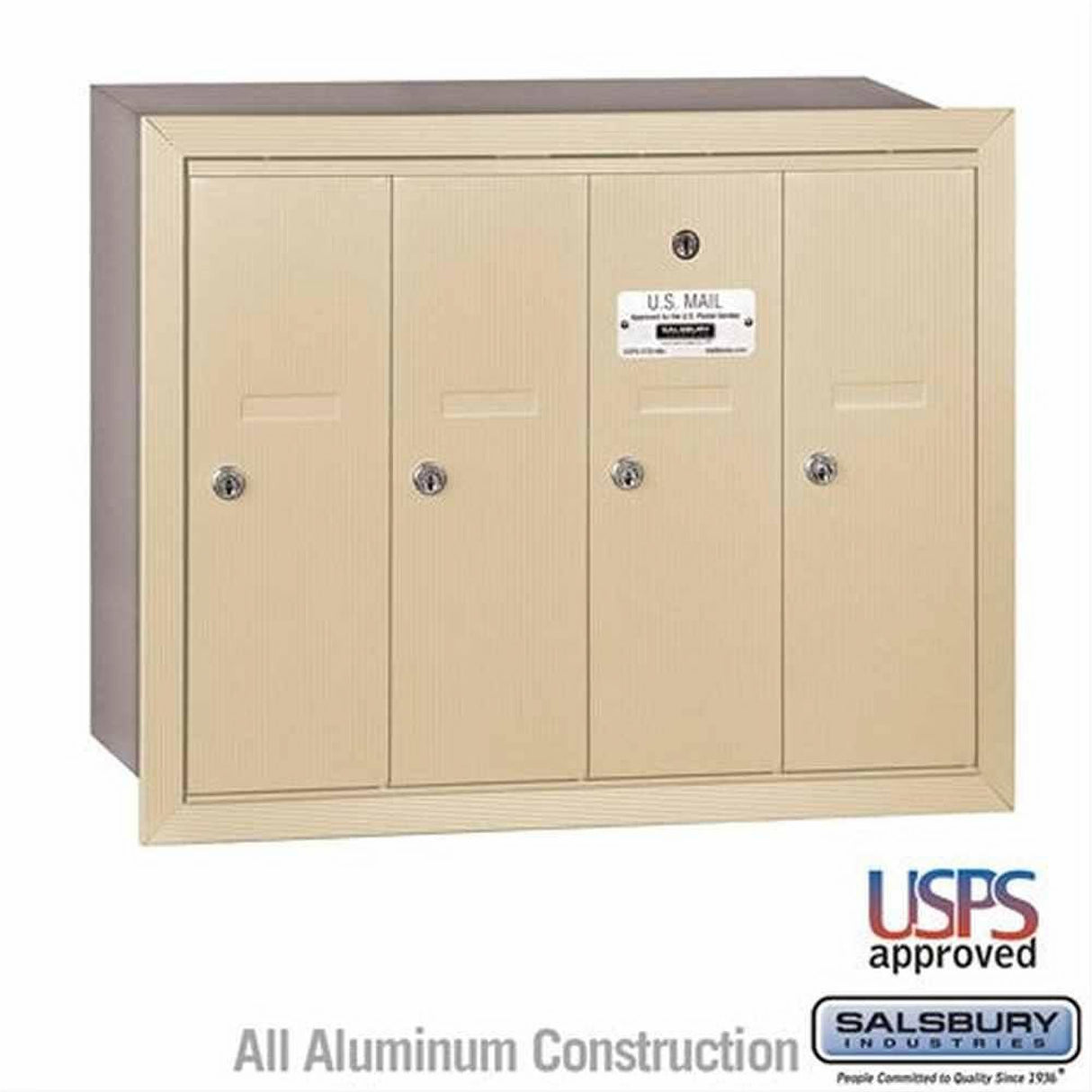 Salsbury Industries 3504SRU 3504-RU Vertical Mailbox 4 Doors Recessed Mounted USPS Access Sandstone