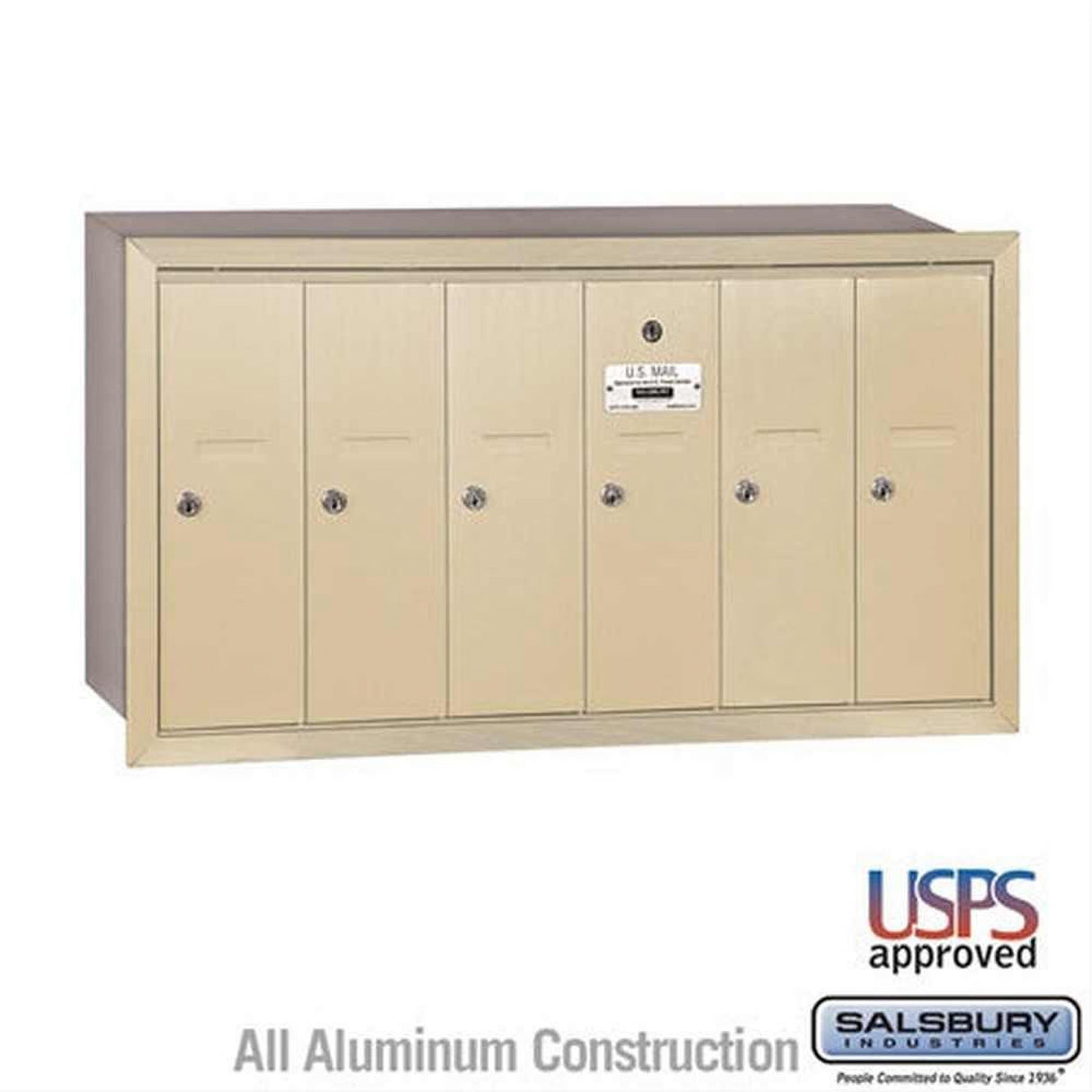 Salsbury Industries 3506SRU 3506-RU Vertical Mailbox 6 Doors Recessed Mounted USPS Access Sandstone