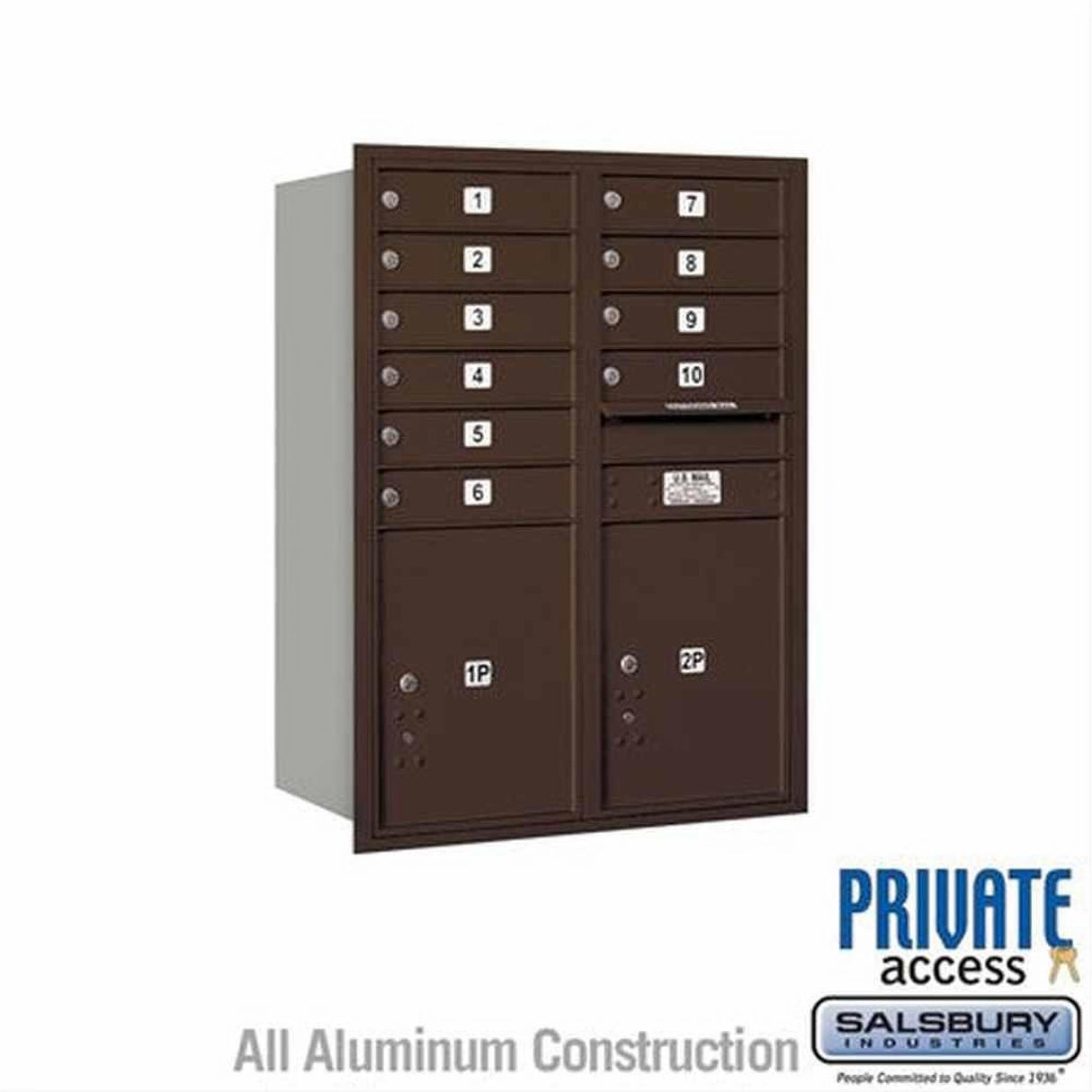 Salsbury Industries 3711D-10ZRP-10-RP 4C Horizontal Mailbox 11 Door High Rear Loading Private Access Bronze