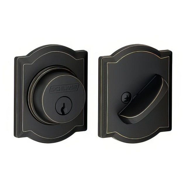Schlage B60CAM716 B60CAM Single Cylinder Deadbolt with Camelot Rose Aged Bronze