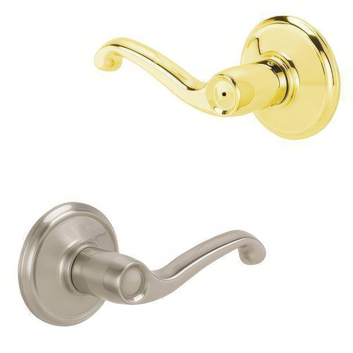 Schlage F40FLA605619LH F40-FLA-LH F-Series Left Hand Flair Series Split Finish Privacy Door Lever Polished Brass x Satin Nickel