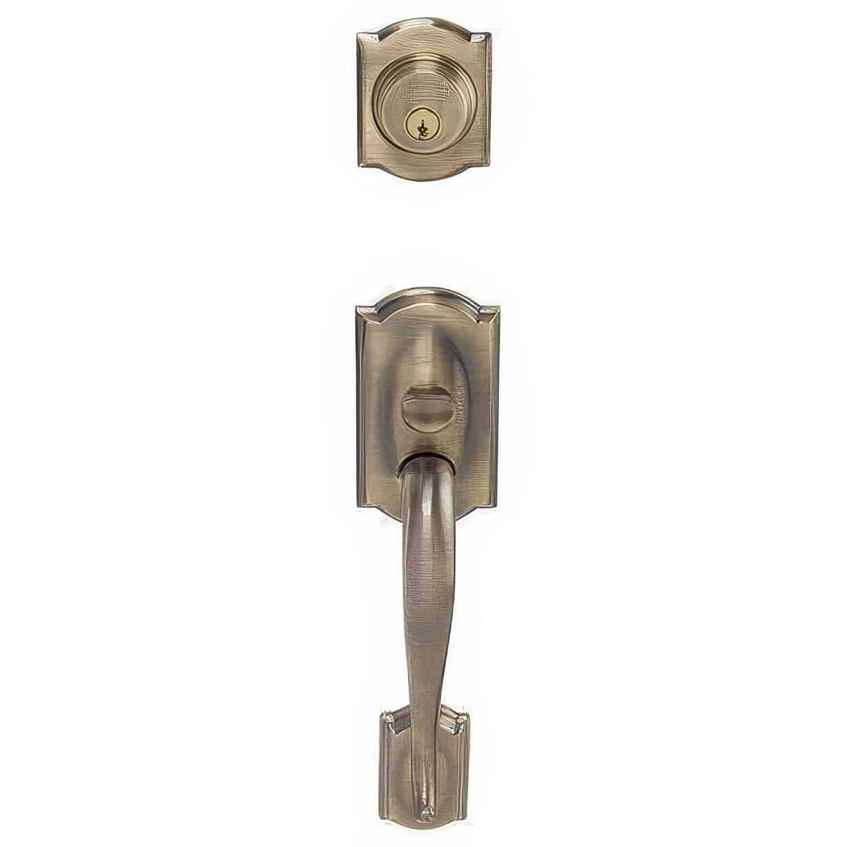 Schlage F62CAM609BEL F62-CAM-BEL F-Series Camelot Double Cylinder Handleset with Bell Interior Knob Antique Brass