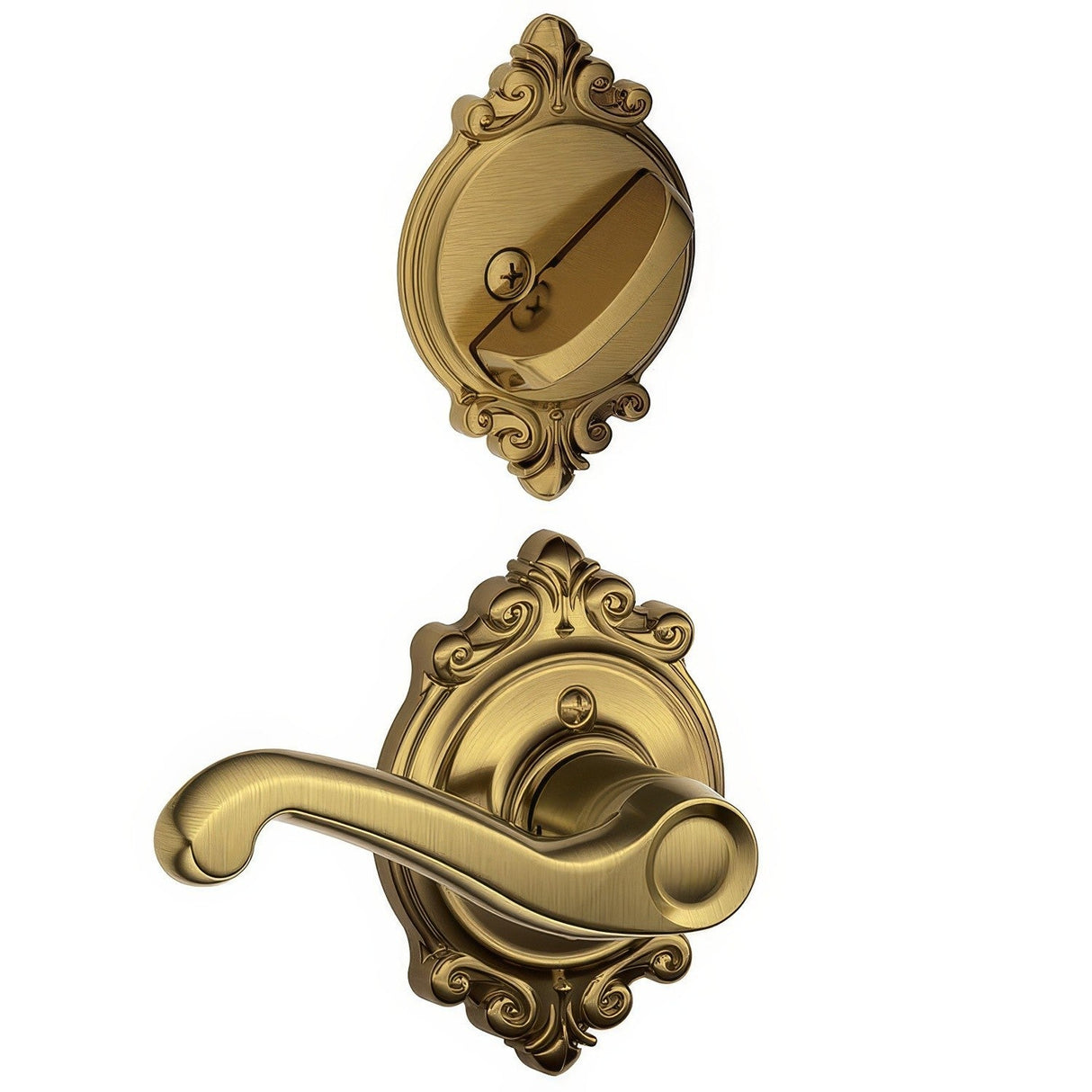 Schlage F94FLA609BRKRH F94-FLA-BRK-RH Flair Lever Right Hand Dummy Interior Pack Antique Brass