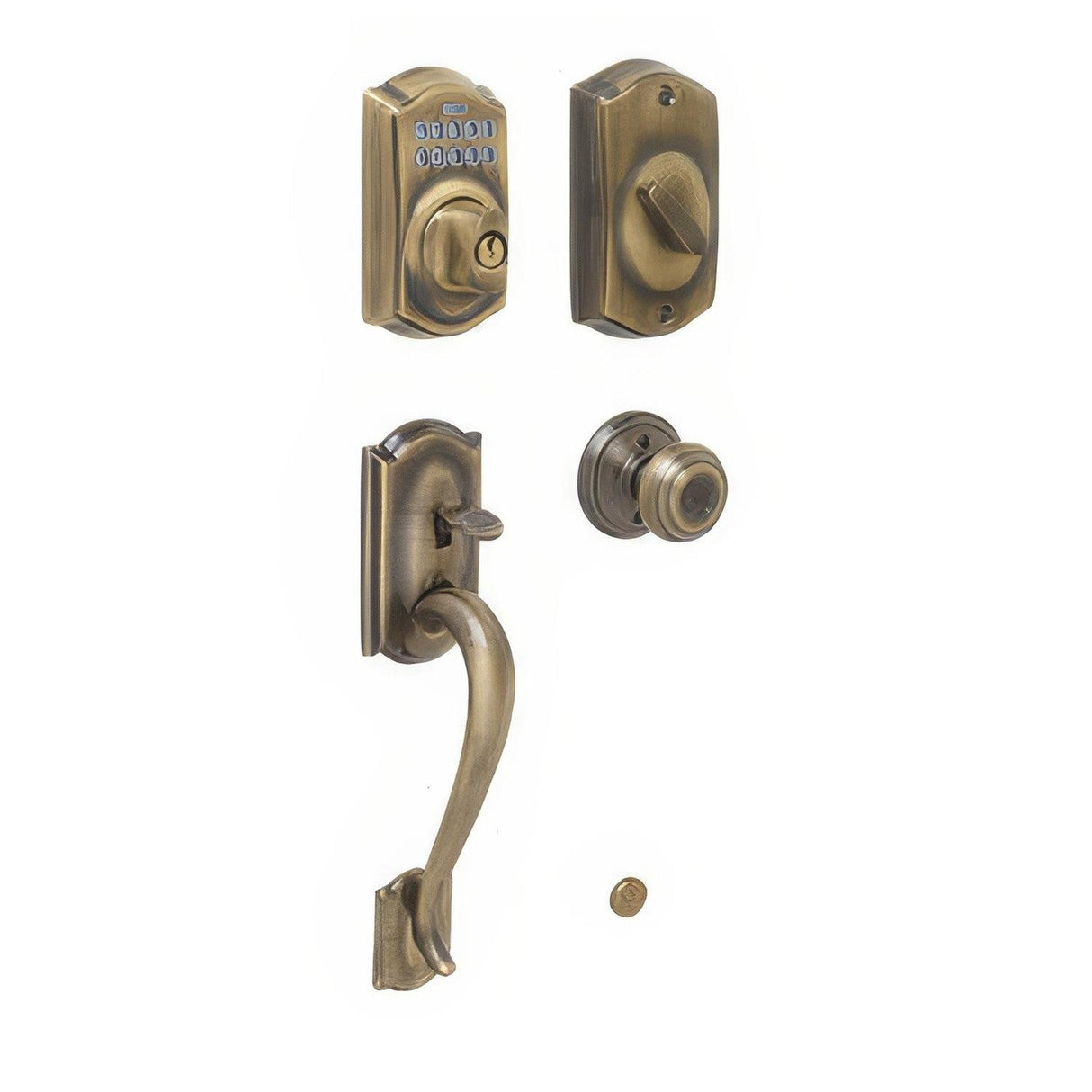 Schlage FE365CAM609GEO FE365-CAM-GEO Camelot Electronic Handleset with Georgian Knob Antique Brass