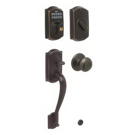 Schlage FE365CAM716GEO FE365-CAM-GEO Camelot Electronic Handleset with Georgian Knob Aged Bronze