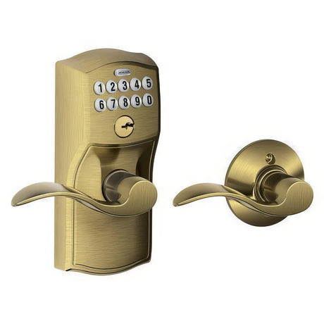 Schlage FE575CAM609ACC antique brass keypad entry door lever