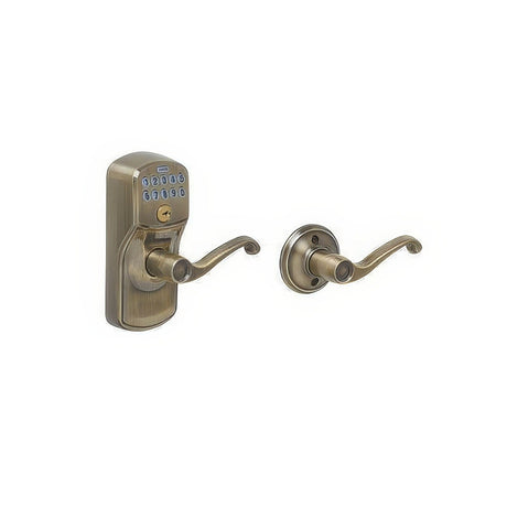 Schlage FE575PLY609FLA antique brass keypad entry door lever