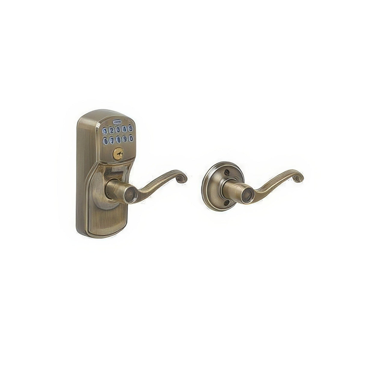 Schlage FE575PLY609FLA FE575-PLY-FLA Electronic Security Plymouth Keypad Entry Door Lever Antique Brass