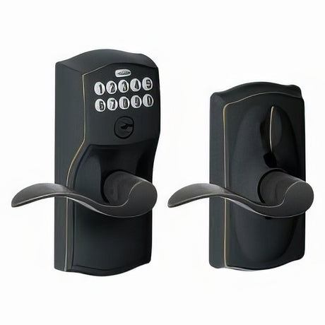 Schlage FE595CAM716ACC aged bronze keypad entry door lever