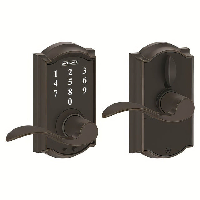Schlage FE695CAM716ACC FE695-CAM-ACC Touch Keyless Touchscreen Lever with Camelot Trim and Accent Lever Aged Bronze