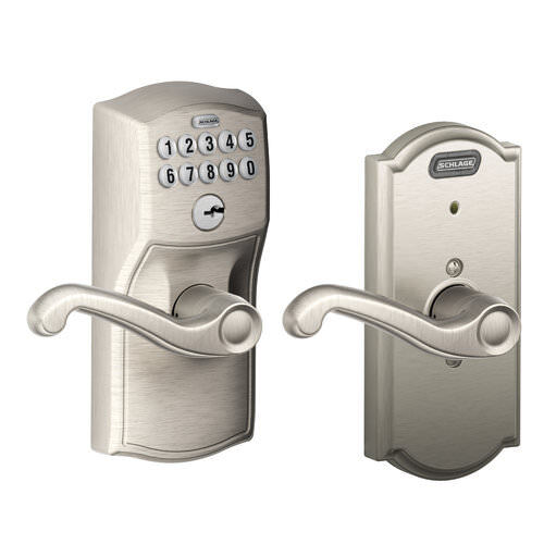 Schlage FE576CAM505FLA lifetime polished brass keypad entry door lever