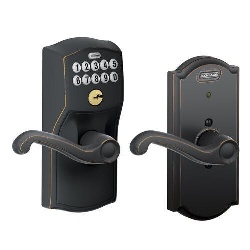 Schlage FE576CAM619FLA satin nickel keypad entry door lever