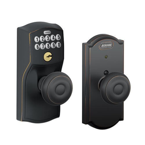 Schlage FE576CAM619GEO satin nickel keypad entry door knob