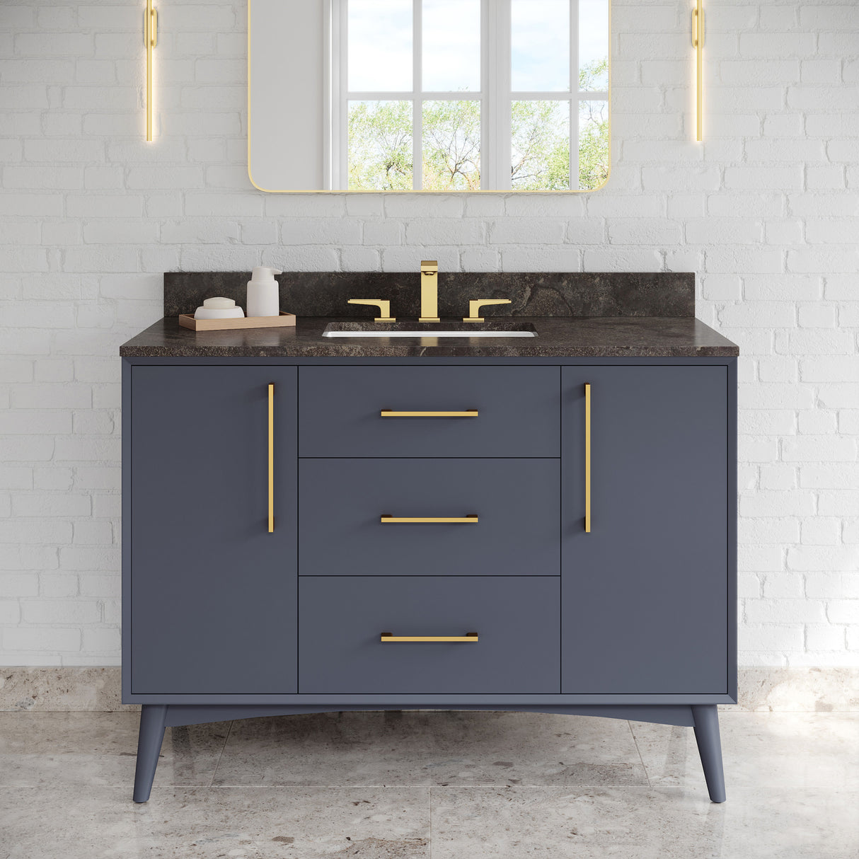 Jeffrey Alexander Dashwood Blue Steel Single Sink Bathroom Vanity with Grey Marble Top - 8 in. Widespread Faucet Top - VKITDAS48BSMGR