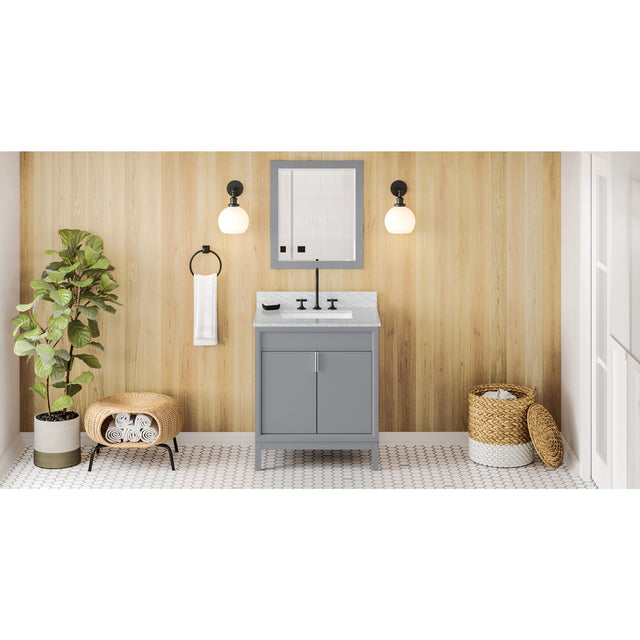 Jeffrey Alexander Theodora 30" Grey Single Sink Bathroom Vanity with White Carrara Marble Top - 8 in. Widespread Faucet Top