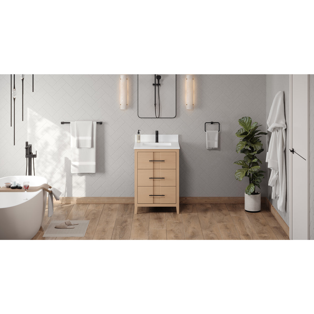 Jeffrey Alexander Katara 24" Natural Oak Single Sink Bathroom Vanity with White Quartz Top - 8 in. Widespread Faucet Top - VKITKAT24NOWQR1