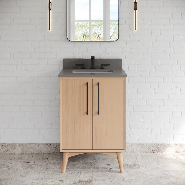 Jeffrey Alexander Dashwood Natural Oak Single Sink Bathroom Vanity with Grey Quartz Top - Single-Hole Faucet Top - VKITDAS24NOGQR