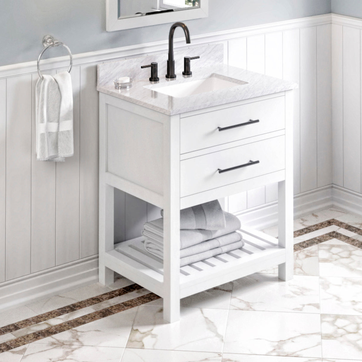 Jeffrey Alexander Wavecrest 30" White Single Sink Bathroom Vanity with White Carrara Marble Top - 8 in. Widespread Faucet Top product image 2