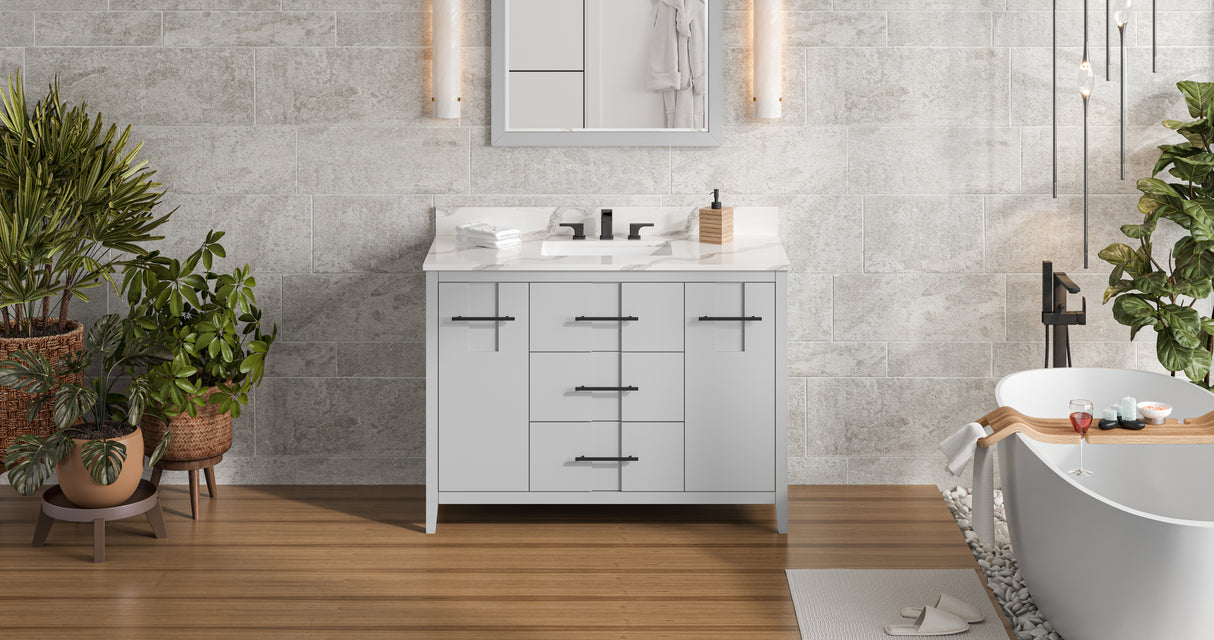 Jeffrey Alexander Katara 48" Grey Single Sink Bathroom Vanity with Calacatta Vienna Quartz Top - 8 in. Widespread Faucet Top product image 7