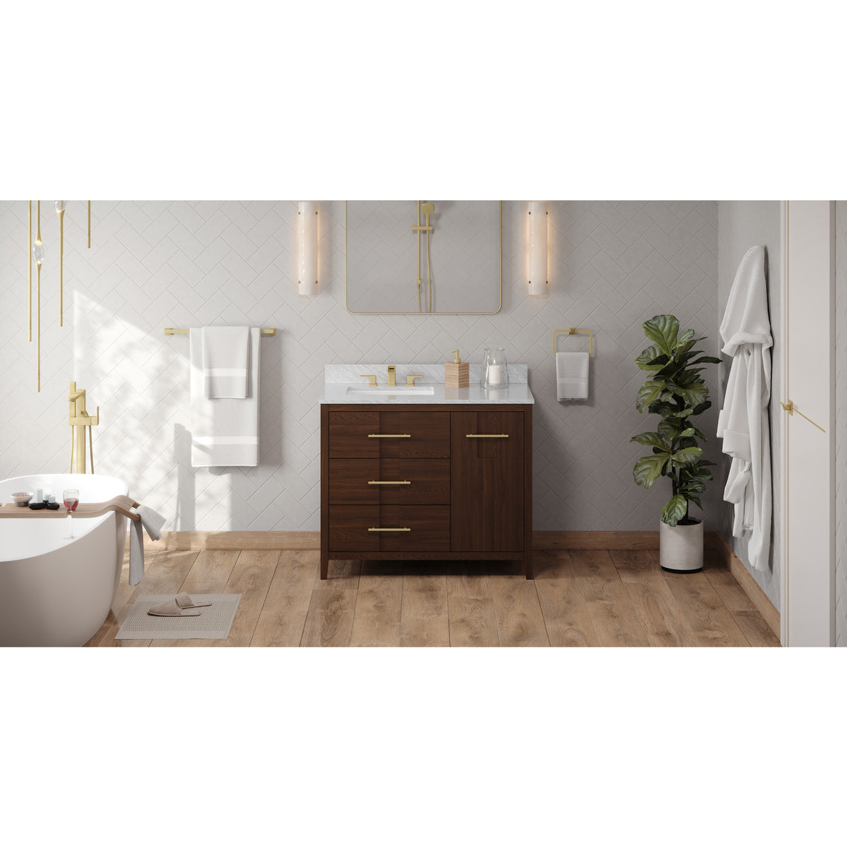 Jeffrey Alexander Katara 42" Dark Walnut Single Sink Bathroom Vanity with White Carrara Marble Top - 8 in. Widespread Faucet Top