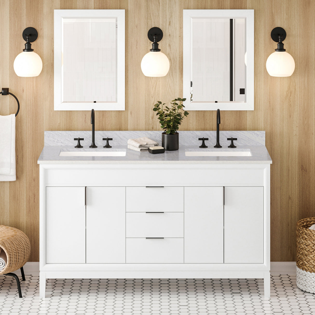 Jeffrey Alexander Theodora 60" White Double Sink Bathroom Vanity with White Carrara Marble Top - 8 in. Widespread Faucet Top product image 2