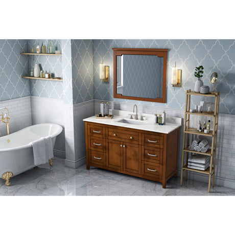 Jeffrey Alexander Chatham 60" Chocolate Double Sink Bathroom Vanity with Calacatta Vienna Quartz Top - 8 in. Widespread Faucet Top - VKITCHA60SCHCQR