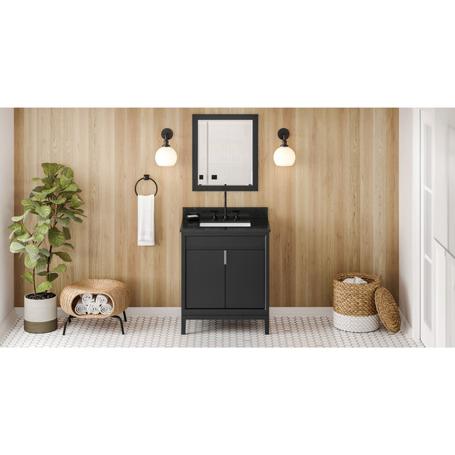 Jeffrey Alexander Theodora 30" Black Single Sink Bathroom Vanity with Black Granite Top - 8 in. Widespread Faucet Top