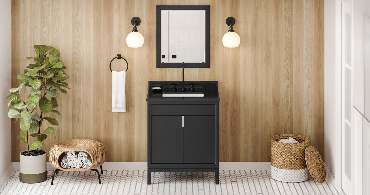 Jeffrey Alexander Theodora 30" Black Single Sink Bathroom Vanity with Black Granite Top - 8 in. Widespread Faucet Top product image 6