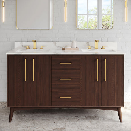 Jeffrey Alexander Dashwood 60" Dark Walnut Double Sink Bathroom Vanity with Calacatta Vienna Quartz Top - 8 in. Widespread Faucet Top