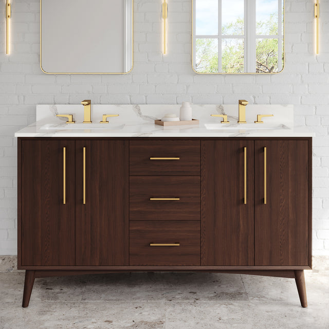 Jeffrey Alexander Dashwood 60" Dark Walnut Double Sink Bathroom Vanity with Calacatta Vienna Quartz Top - 8 in. Widespread Faucet Top