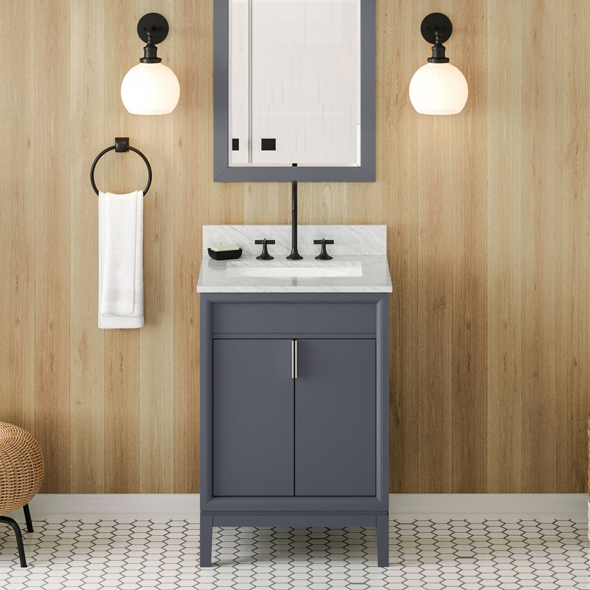 Jeffrey Alexander Theodora 24" Blue Steel Single Sink Bathroom Vanity with White Carrara Marble Top - 8 in. Widespread Faucet Top product image 2